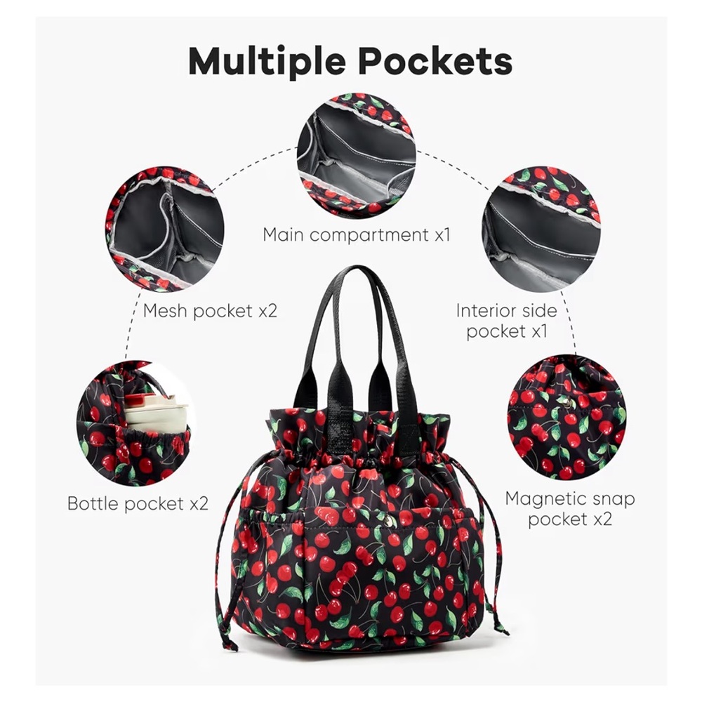 Black Cherry Print Drawstring Insulated Lunch Tot… - image 5
